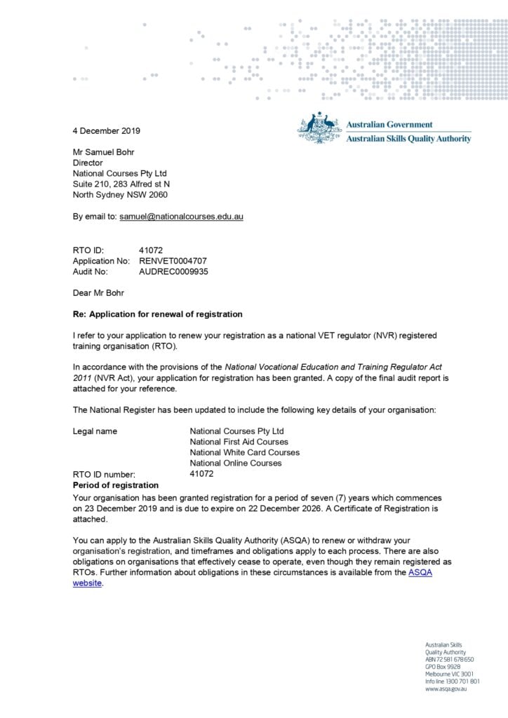 National Courses ASQA Approval as an RTO documentation and certification
