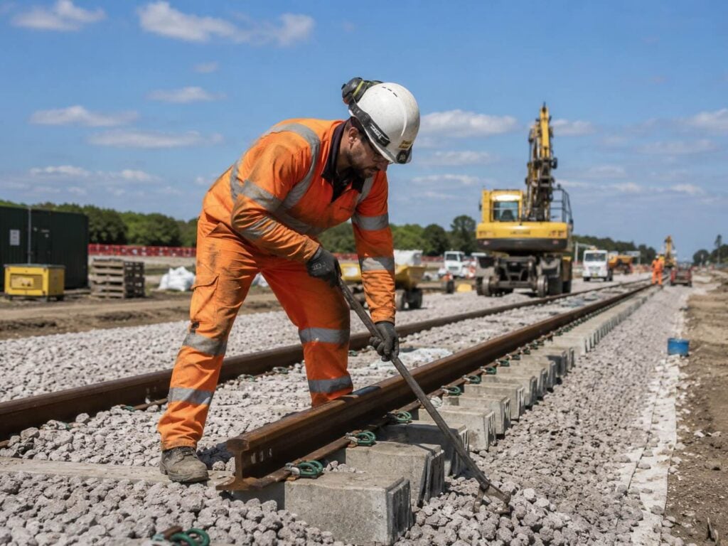 Rail Construction Labourer Working on New Track