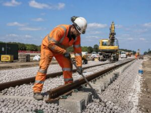 Rail Construction Labourer Working on New Track