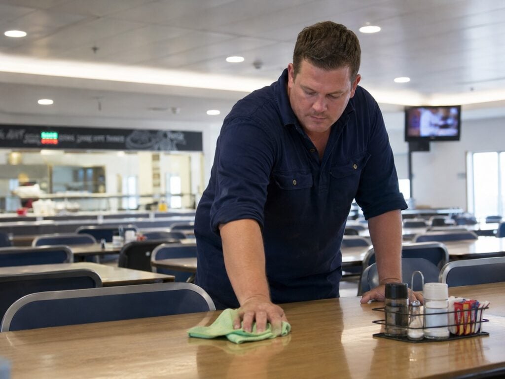 FIFO Camp Services Worker Cleaning the Dining Hall