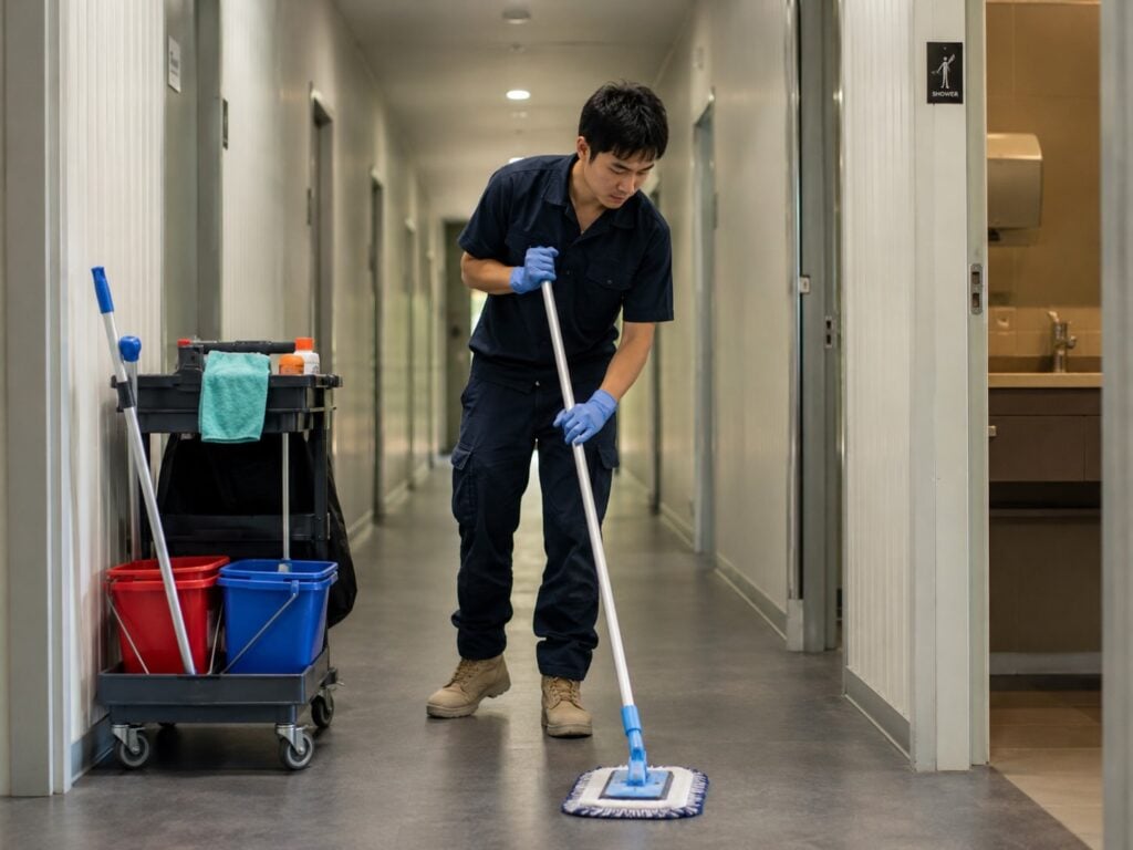 FIFO Cleaner Mopping a Camp Corridor
