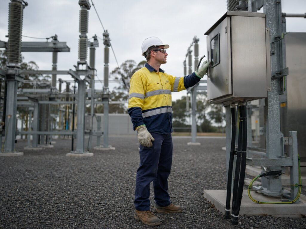 High Voltage Electrical Worker at work